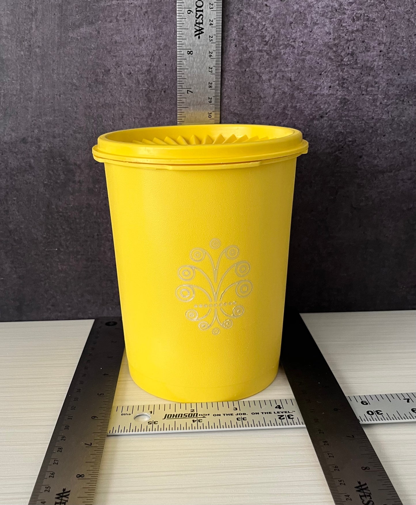 Vintage Tupperware Yellow Canister w/ Lid, Floral Scroll Design, Retro Kitchen Storage Container 1970s