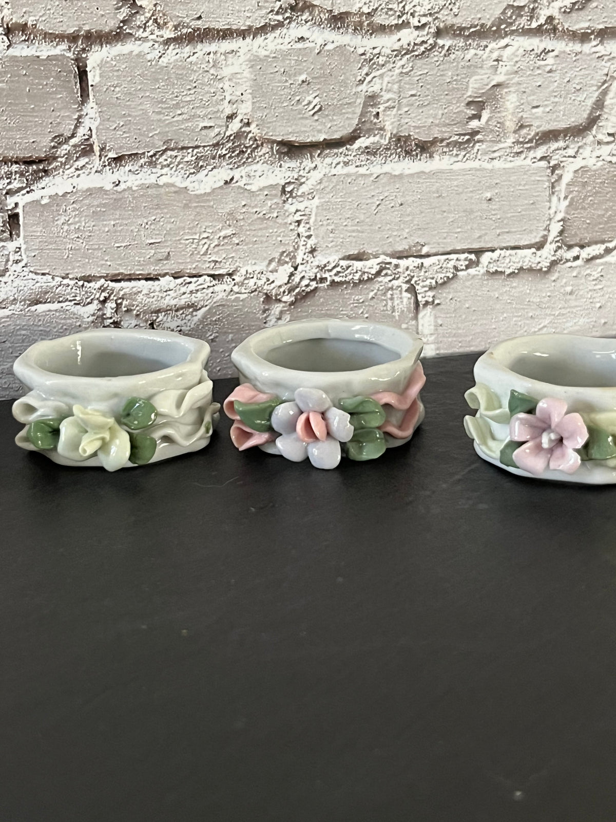 Vintage 1980s Glazed Porcelain Sculpted Floral Napkin Rings – Set of 6 Pastel 3D Flowers & Ribbons