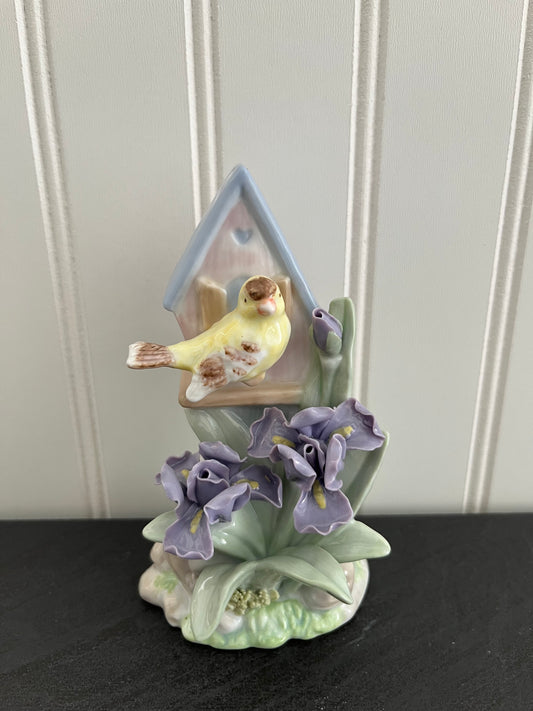 Vintage c.1990s Porcelain  Birdhouse & Iris Figurine | Cottagecore Spring Garden Decor