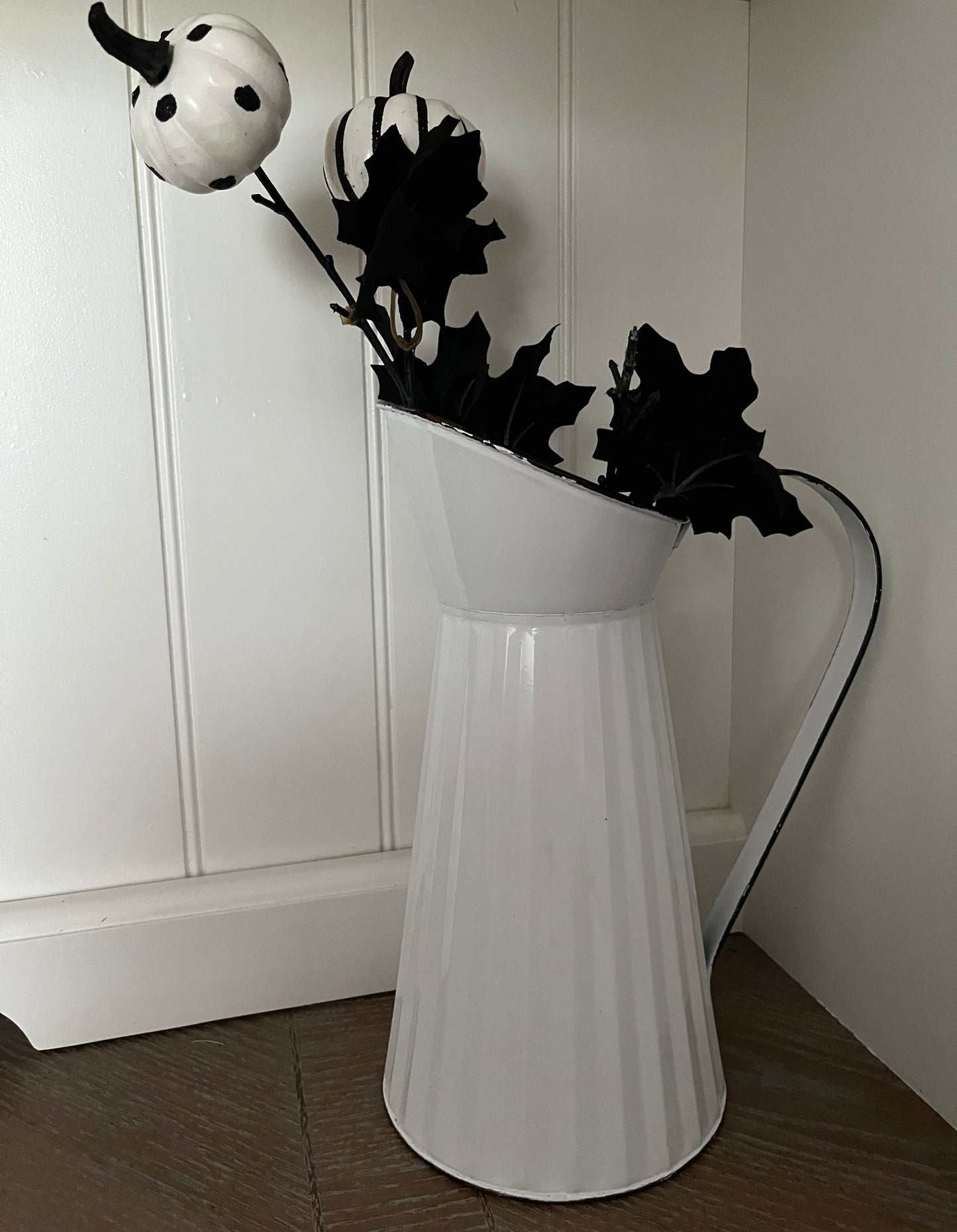 1990s–2000s Vintage Farmhouse Style, Tall White Enamel-ware Pitcher with Black Trim