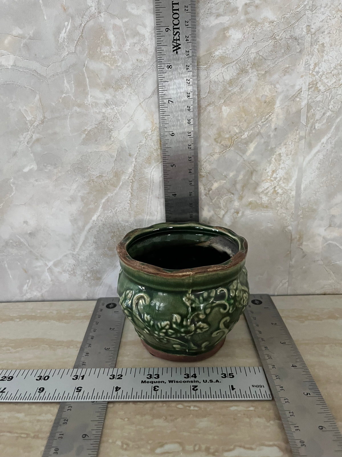 Vintage Style Green Glazed Ceramic Planter | Raised Floral Vine Design | Small Cottage Garden Pot | 3” Tall