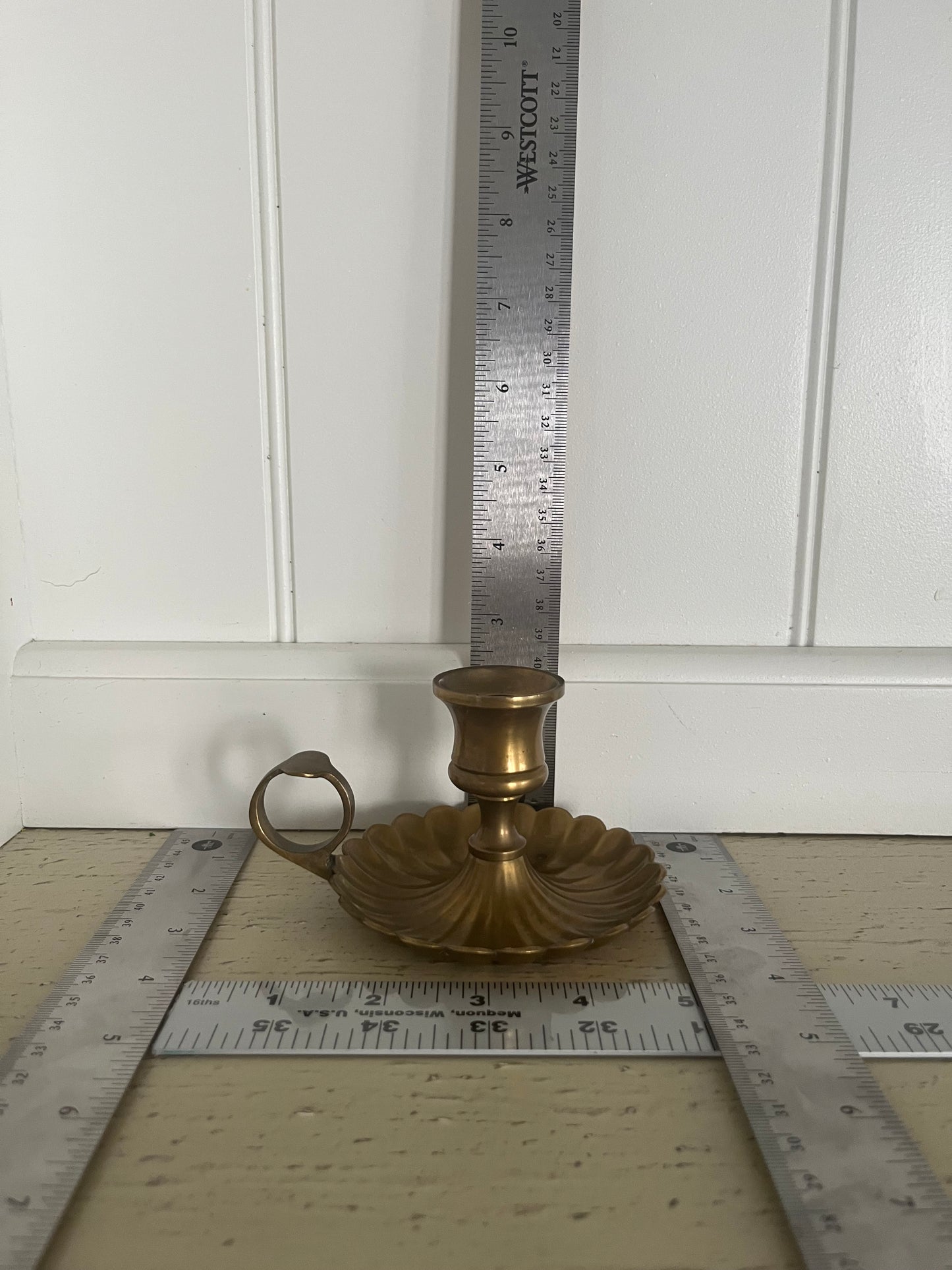 Mid-century Brass Chamberstick Candle Holder with Scalloped Shell Shape Drip Tray & Finger Loop, Regency revival style