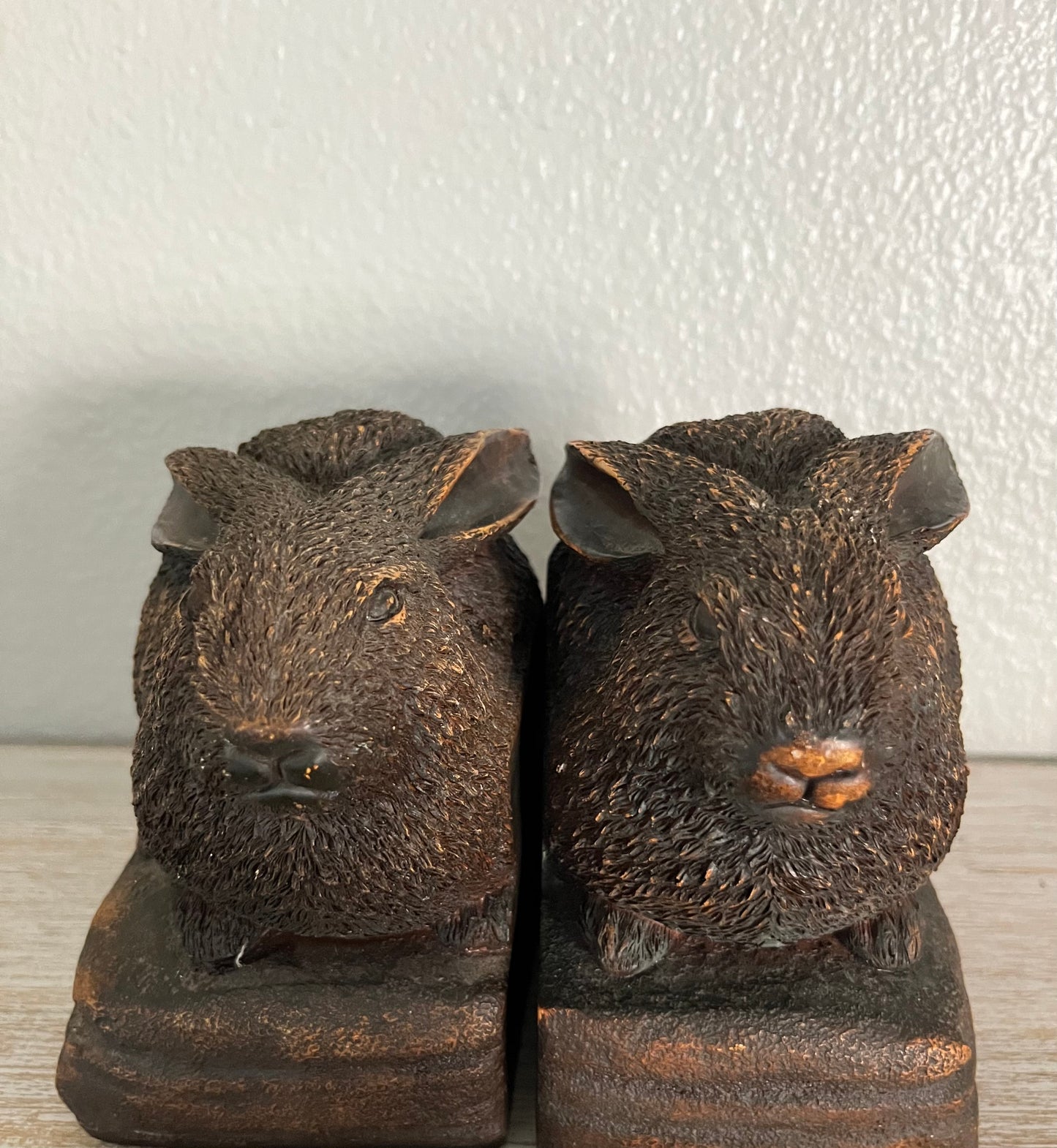 1990’s Heavy Cast Stained Bronze style Copper Tone Resin Vintage Bunny Rabbit Bookends - Mid Century Woodland Brown Bunny Rabbits Bookends