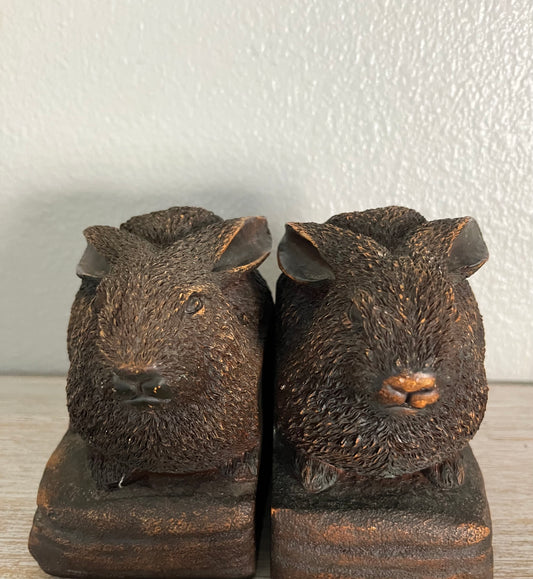 1990’s Heavy Cast Stained Bronze style Copper Tone Resin Vintage Bunny Rabbit Bookends - Mid Century Woodland Brown Bunny Rabbits Bookends