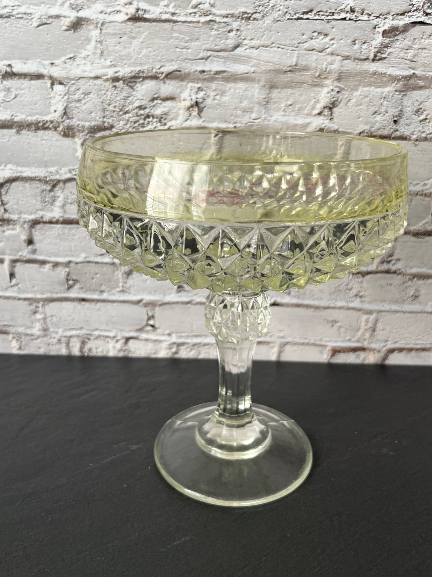 Vintage Indiana Glass Diamond Pattern Pedestal Compote Bowl – Yellow Tint Pressed Glass Dessert Dish (1960s–1970s)