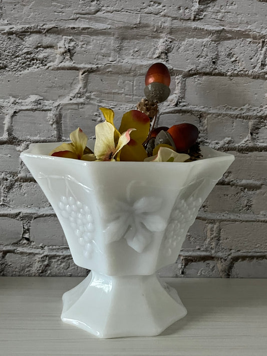 Vintage Anchor Hocking Milk Glass Octagon Compote
Grapes & Leaves Pattern — Flared Pedestal Bowl (c1960s-70’s)
