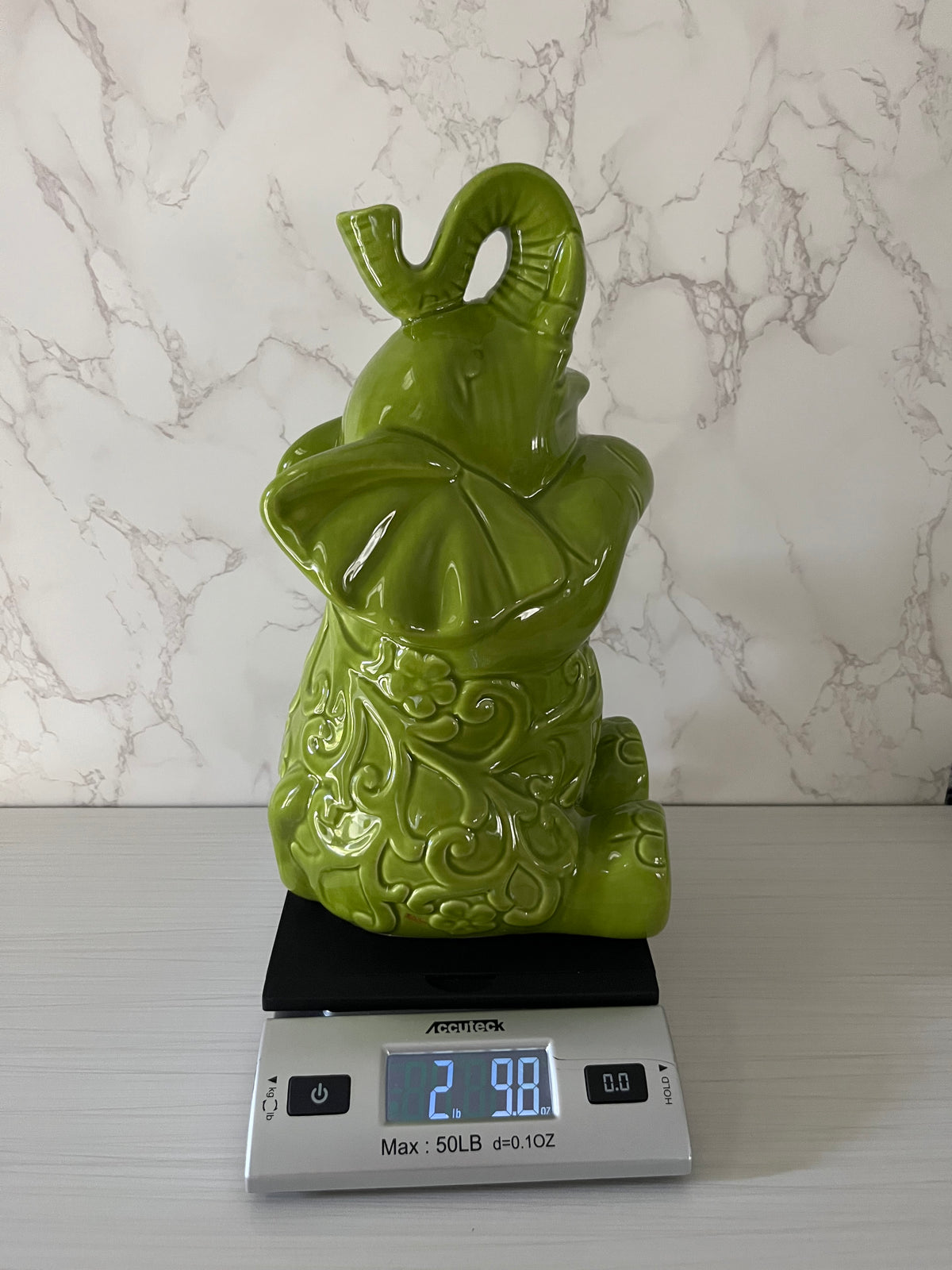 Large Lucky Trunk Green Ceramic Elephant Figurine – Floral Scrollwork Trunk-Up Décor – 11”