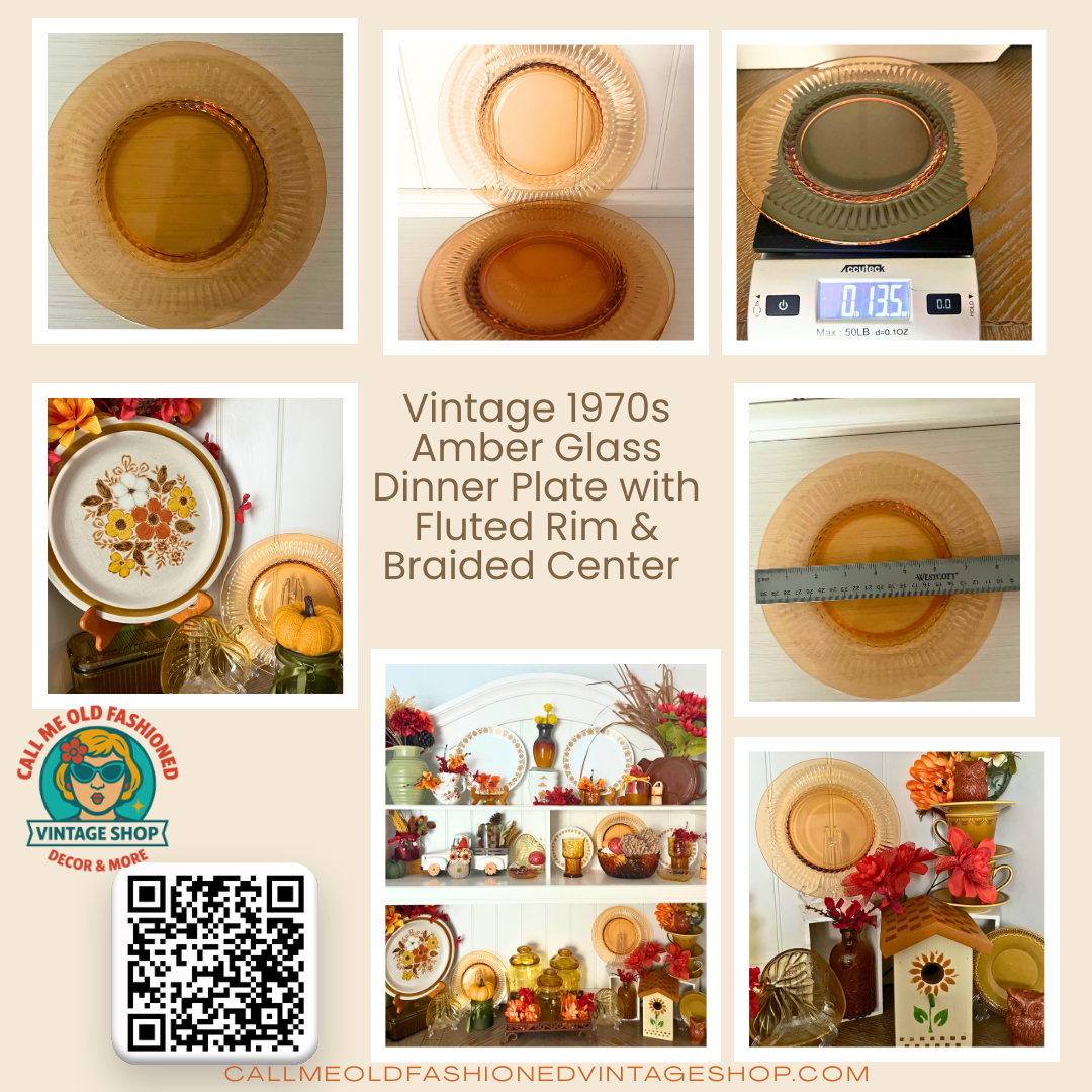 Vintage 1970s Pressed Soft  Amber Glass Dinner Plate with Fluted Rim & Braided Center –