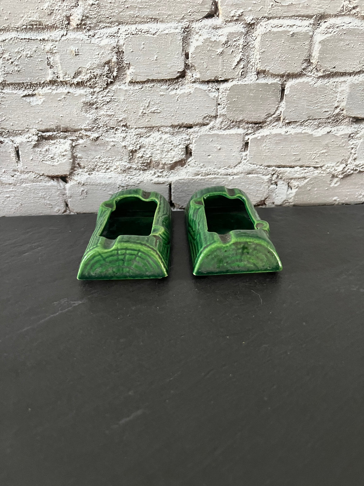 Pair of 1950s Treasure Craft Green Ceramic Log Ashtrays – Forest Woodgrain Glaze Set of 2