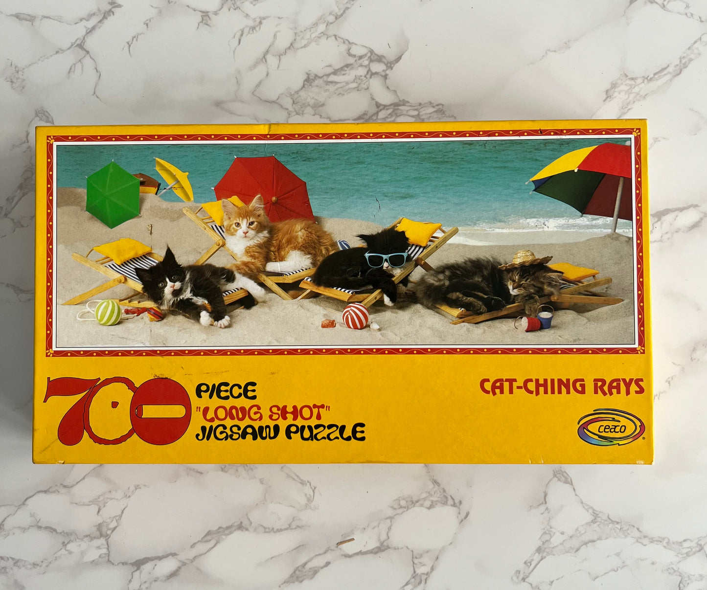Vintage Cat Beach Scene 700 Piece Late 1990s Ceaco “Cat-Ching Rays” Long Shot Jigsaw Puzzle —