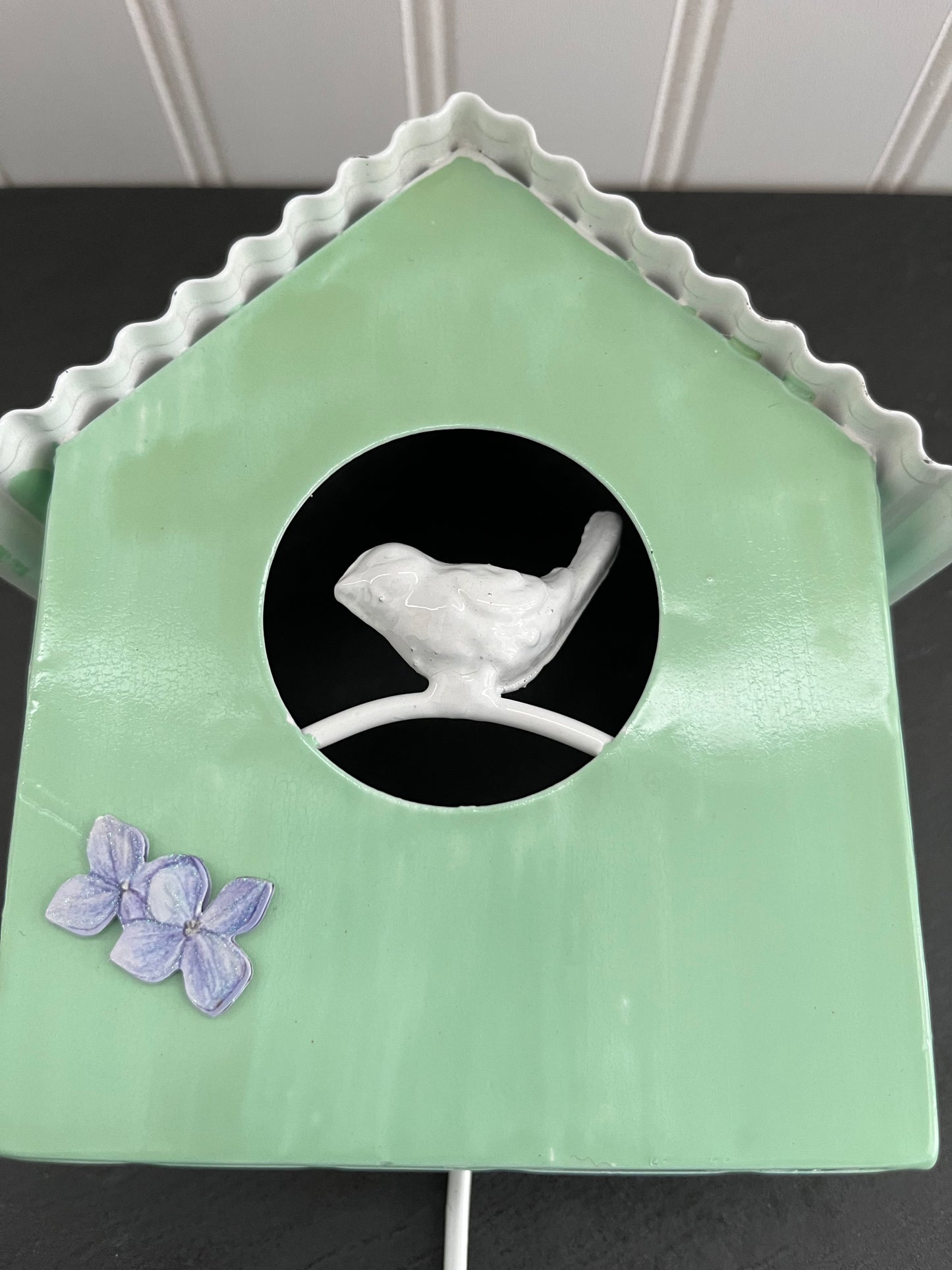 Green Metal Wall Hook Birdhouse With White Bird