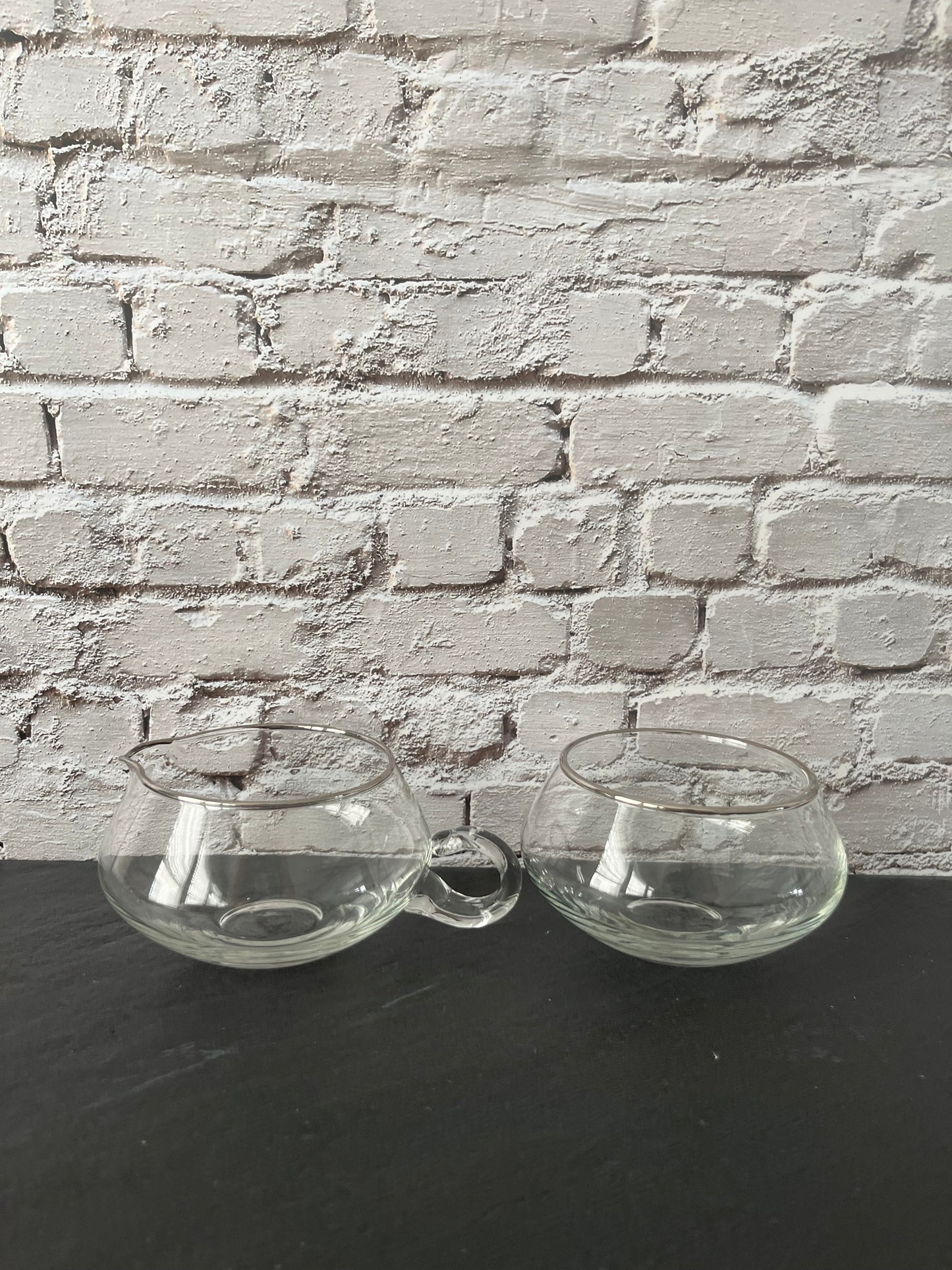 Vintage 1970s Stackable Clear Glass Creamer & Open Sugar Bowl Set with Silver Rim – Mid Century Modern Coffee Bar Serveware