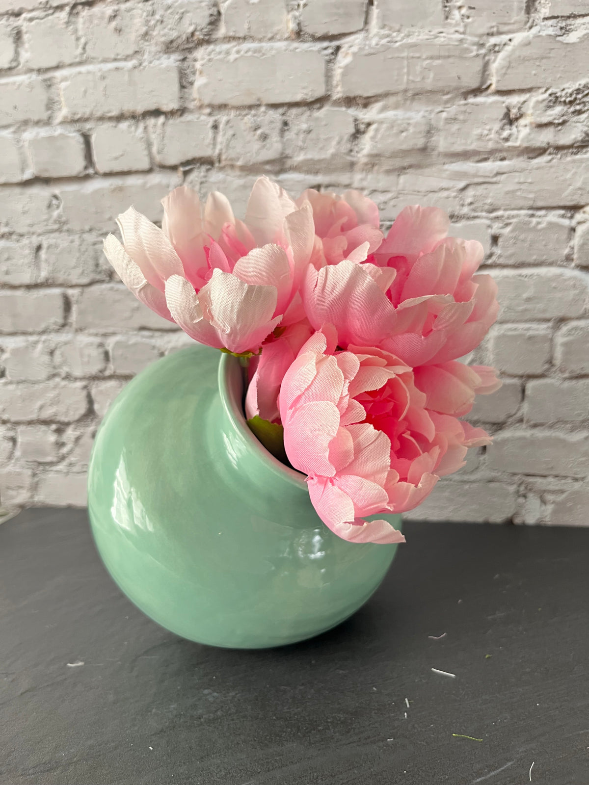 Vintage Style Chat Seafoam Green Side-Opening Ceramic Vase Pottery Pot – Sculptural Tilted Vase – 6”