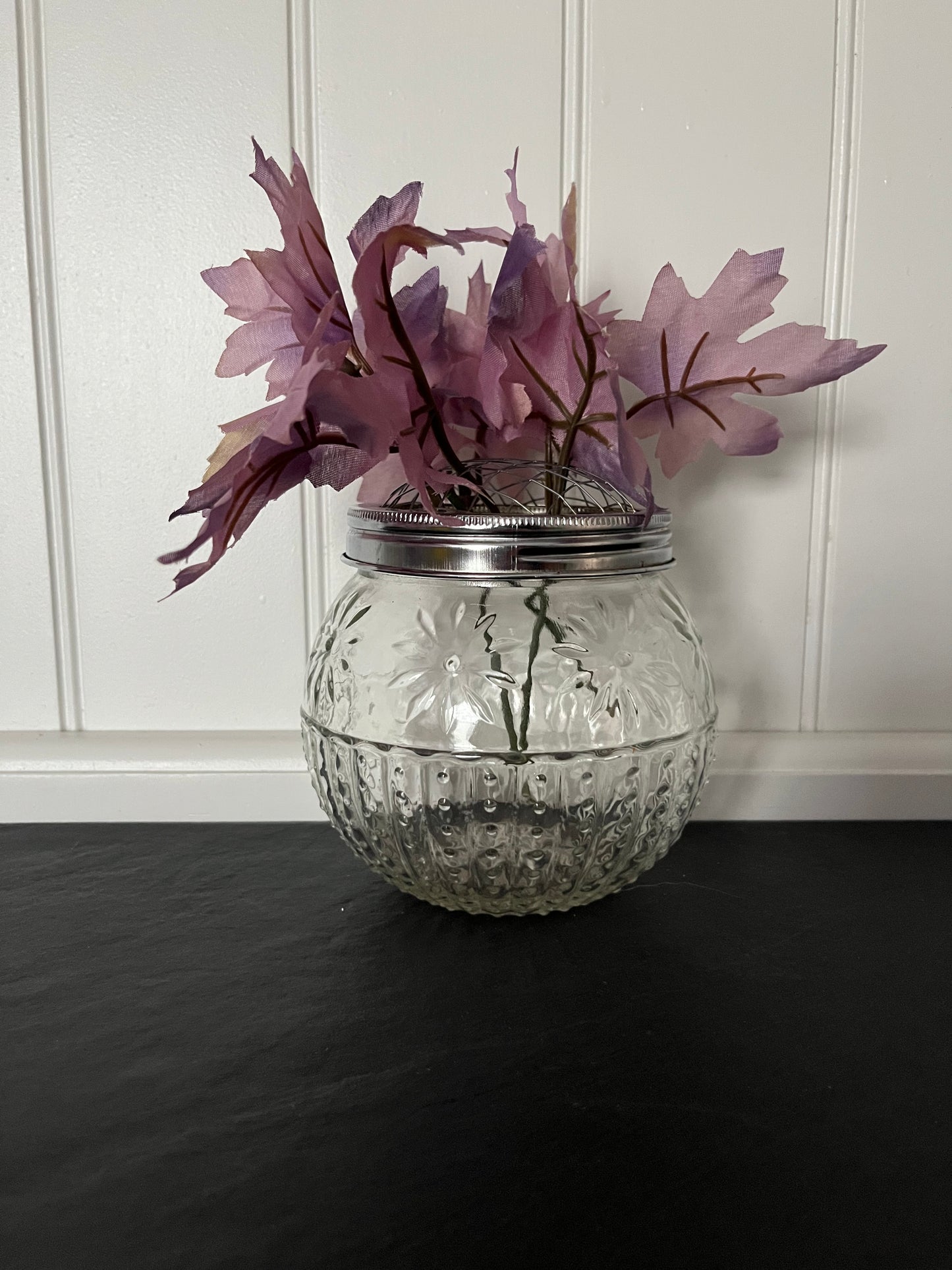 Mid-Century Pressed Glass Jar with Metal Floral Frog Lid – Daisy Relief Design | c. 1950s–60s