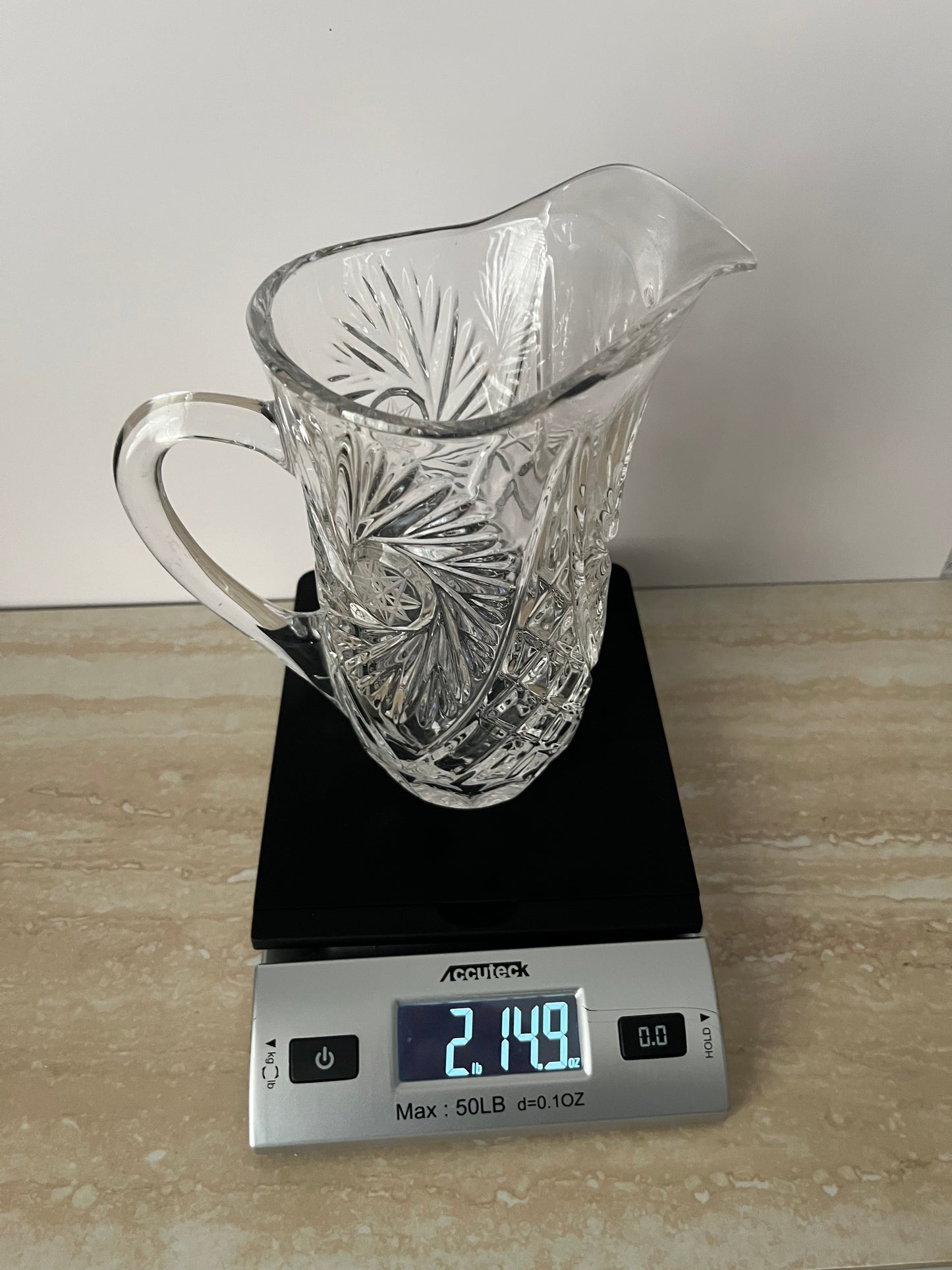 Vintage Cut Crystal Pitcher – Pinwheel Hobstar Brunswick Pattern – 8” Clear Crystal Water or Juice Pitcher – Mid Century Glassware