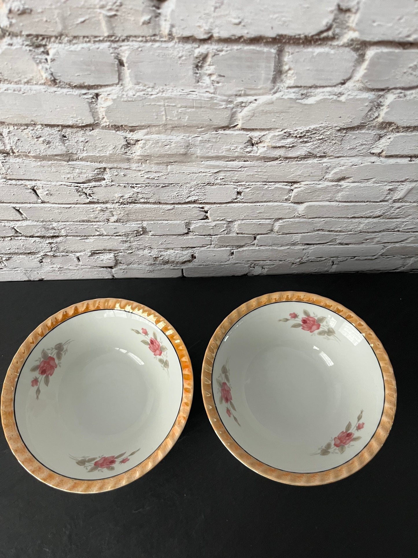 Vintage 1950s Japanese Porcelain Dessert Bowls with Pink Rose Sprays & Amber Scalloped Rim – Set of 2 Floral Cottage China Bowls