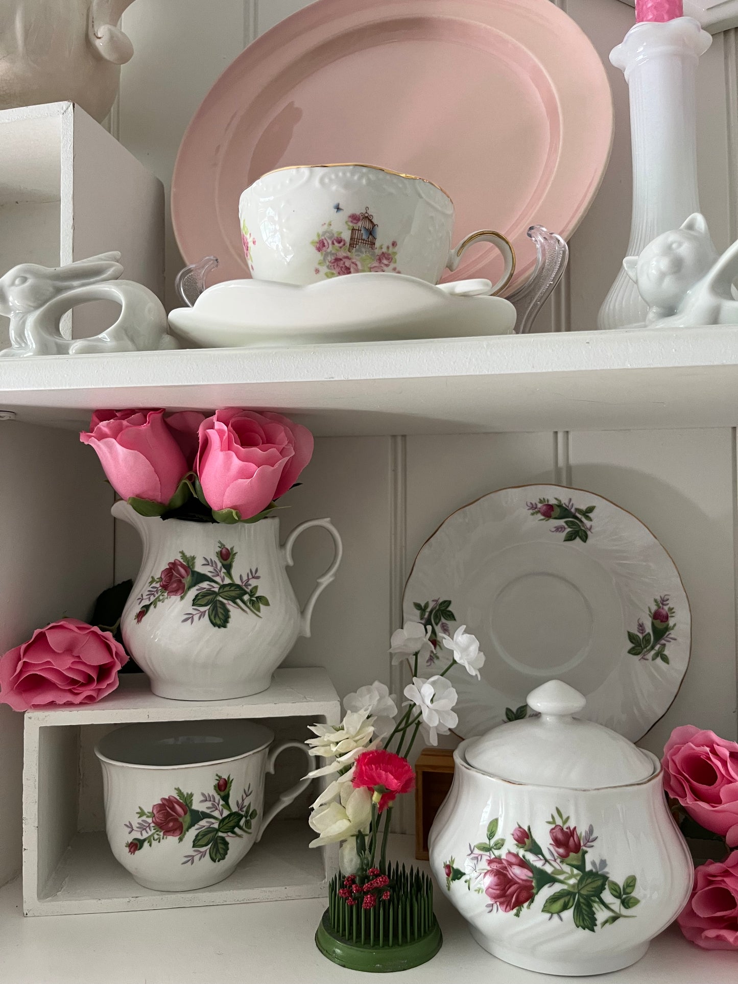 Vintage 1990s Lynns Fine China Rose Creamer & Lidded Sugar Bowl Set – Embossed Ivory with Gold Trim