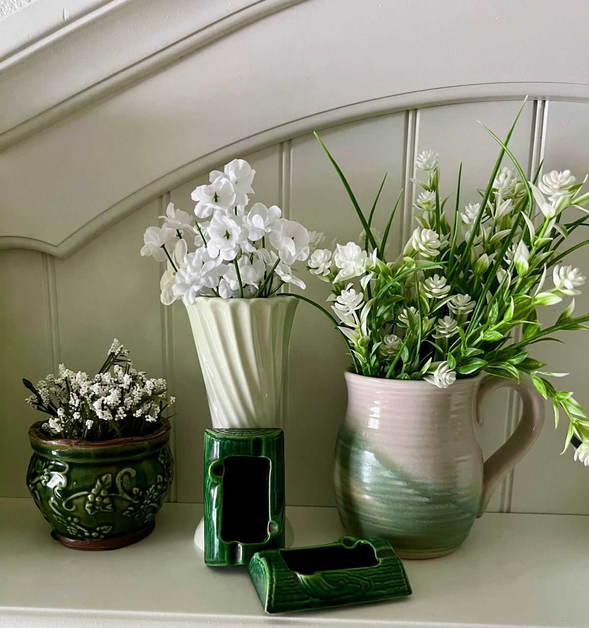 Vintage Style Green Glazed Ceramic Planter | Raised Floral Vine Design | Small Cottage Garden Pot | 3” Tall