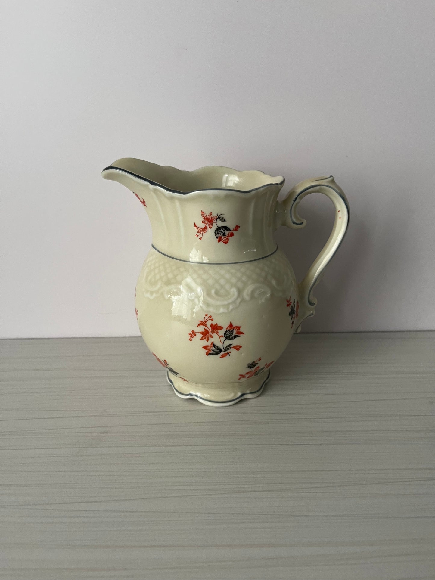 Vintage 1940s–1950s Cream Ceramic Floral Pitcher – Red & Black Wildflower Sprig Pattern – Cottage Farmhouse Style Milk Pitcher