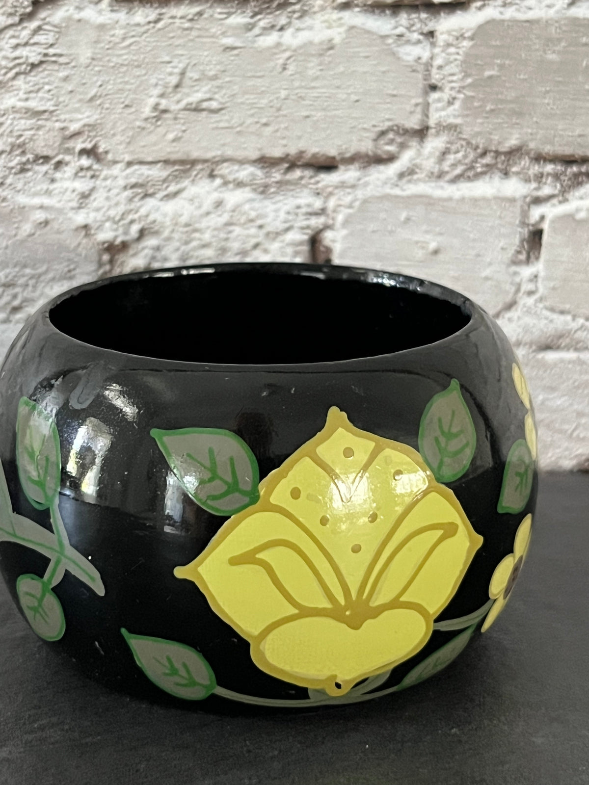 Vintage 1970s Boho Folk Art Hand-Painted Chunky Wooden Bangle Bracelet – Black & Yellow Floral Cuff – 2” small slip-on opening