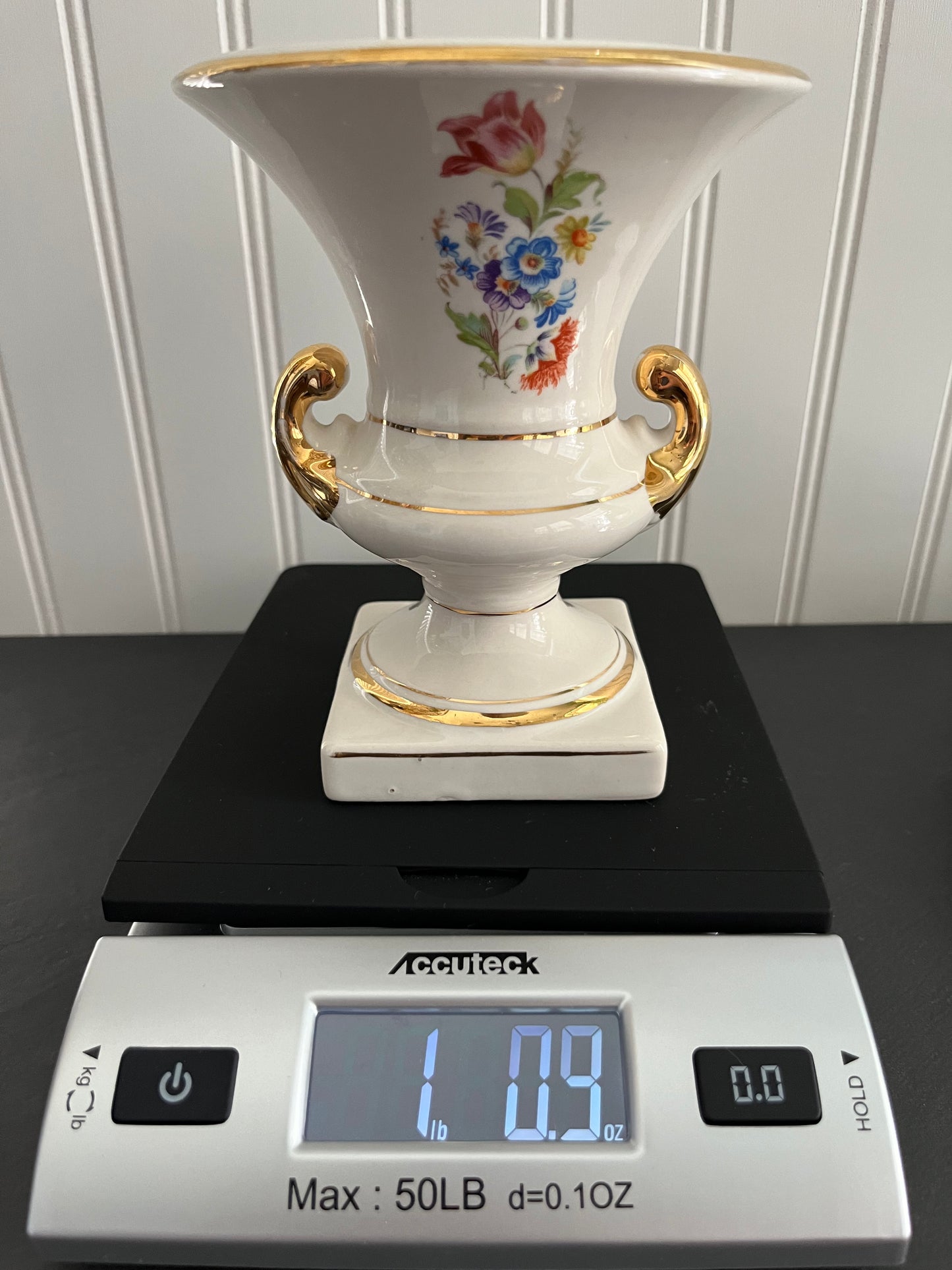 Vintage European Trophy Vase – Campana Floral Design with Gold Trim – Porcelain Urn Style with Footed Pedestal