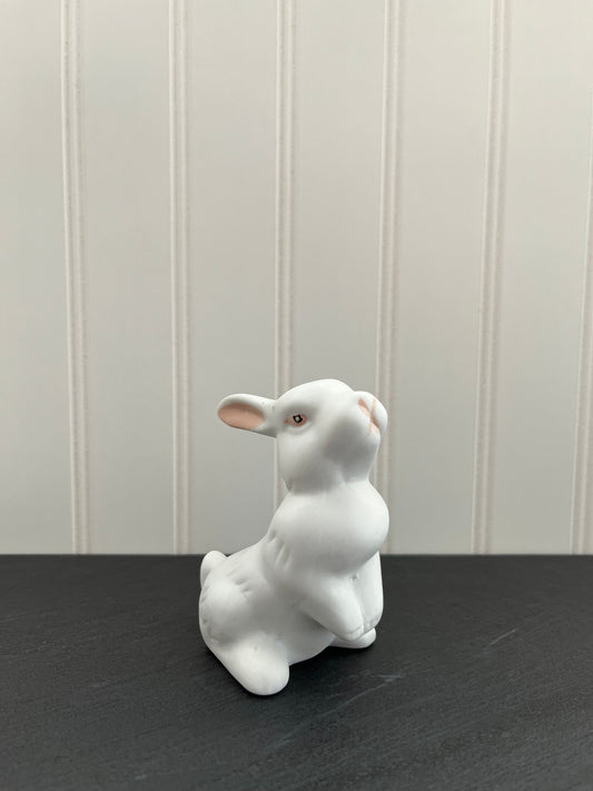 Vintage Sweet White Ceramic Bunny with Pink Eyes,  Nose & Ears- 4”x2” Cottage Decor