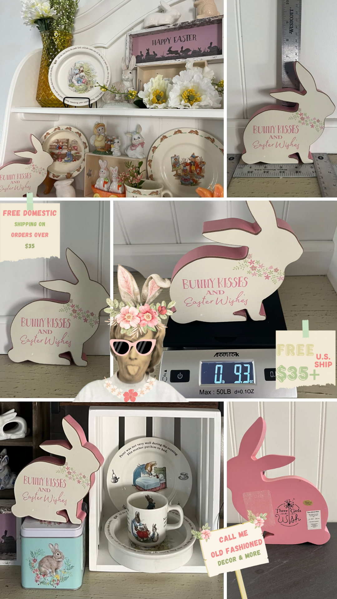 2000s Wooden Bunny Sign – “Bunny Kisses & Easter Wishes” Pastel Spring Decor