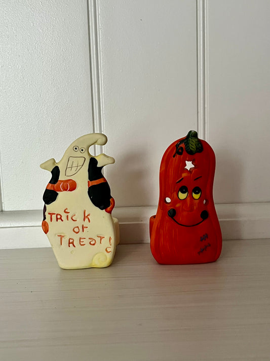 Vintage Trick or Treat! Halloween Ghost & Pumpkin Tealight Candle Holder Pair