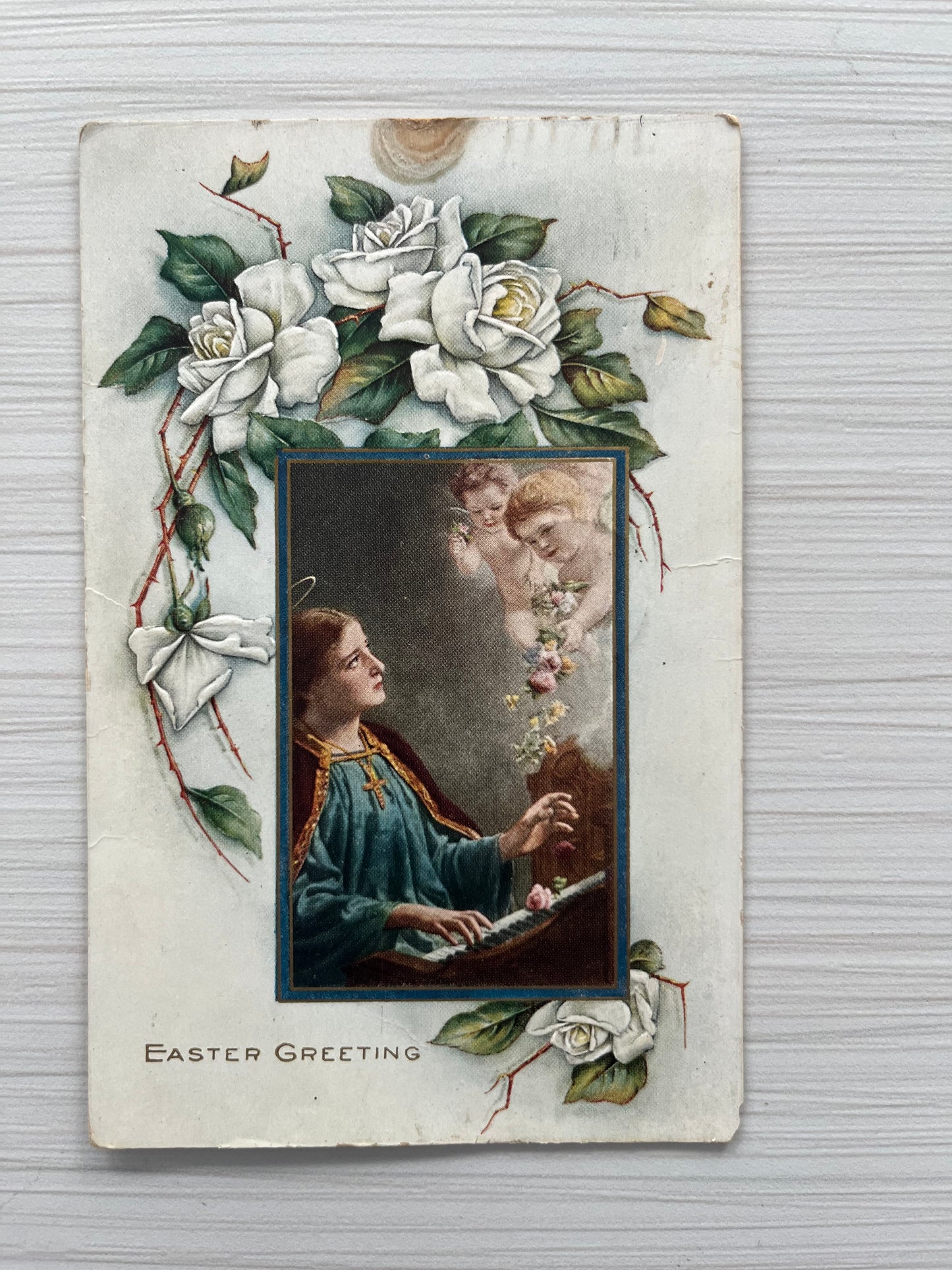 Vintage 1915 Easter Embossed Post Card: Lady with Two Cherubs giving her flowers, in Metal Flower Sculptured frame,