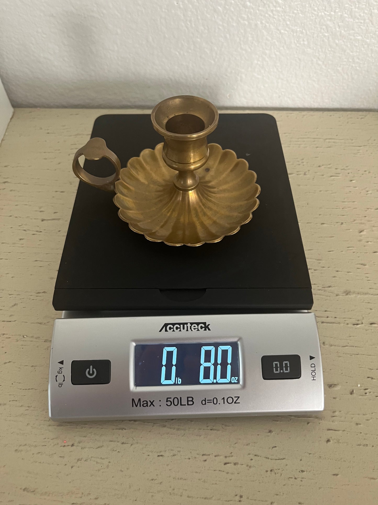 Mid-century Brass Chamberstick Candle Holder with Scalloped Shell Shape Drip Tray & Finger Loop, Regency revival style