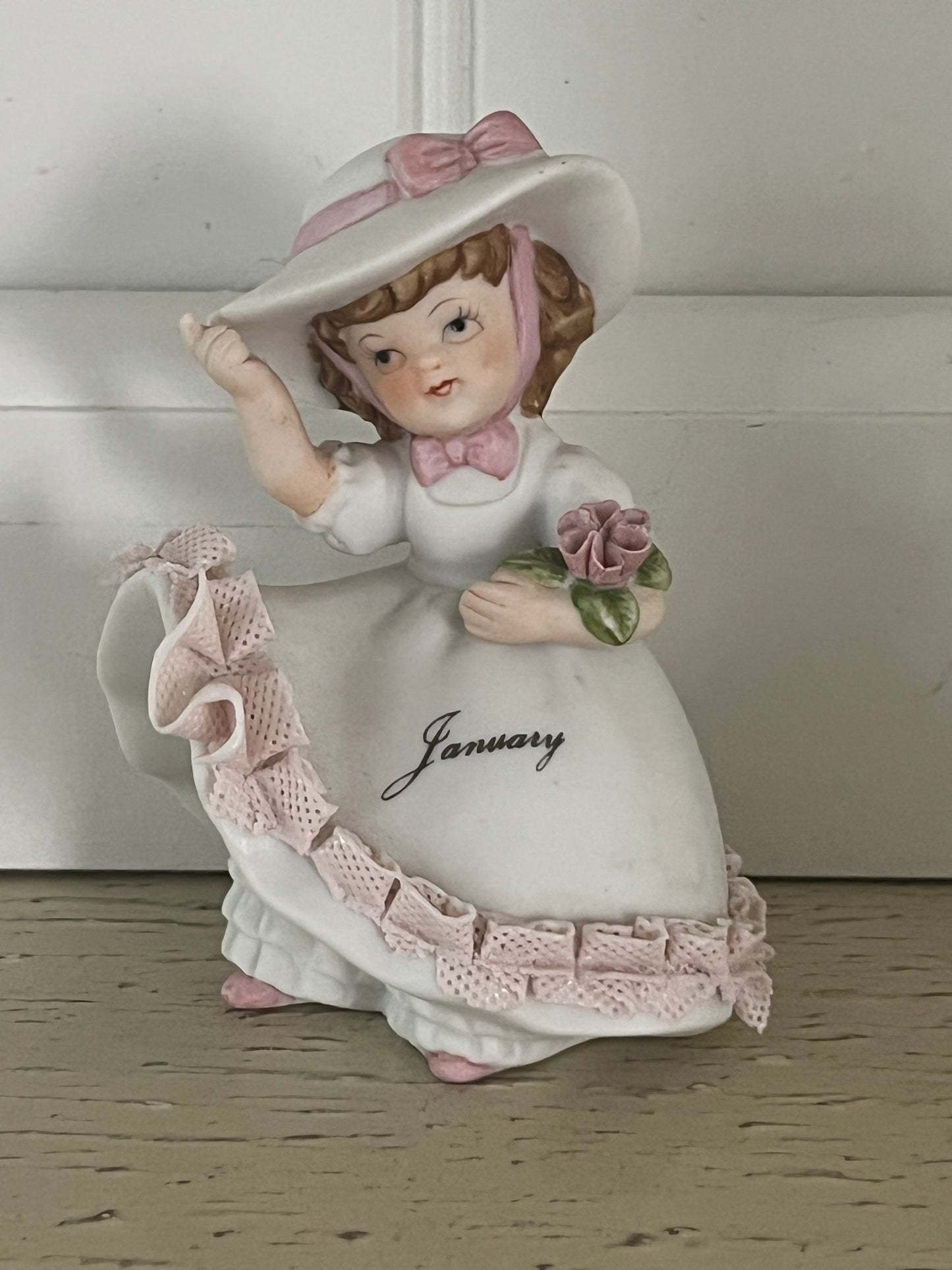 Vintage January Birthday Girl Figurine – Pink Lace Hoop Skirt, Romantic Regency Style (1980s–1990s)