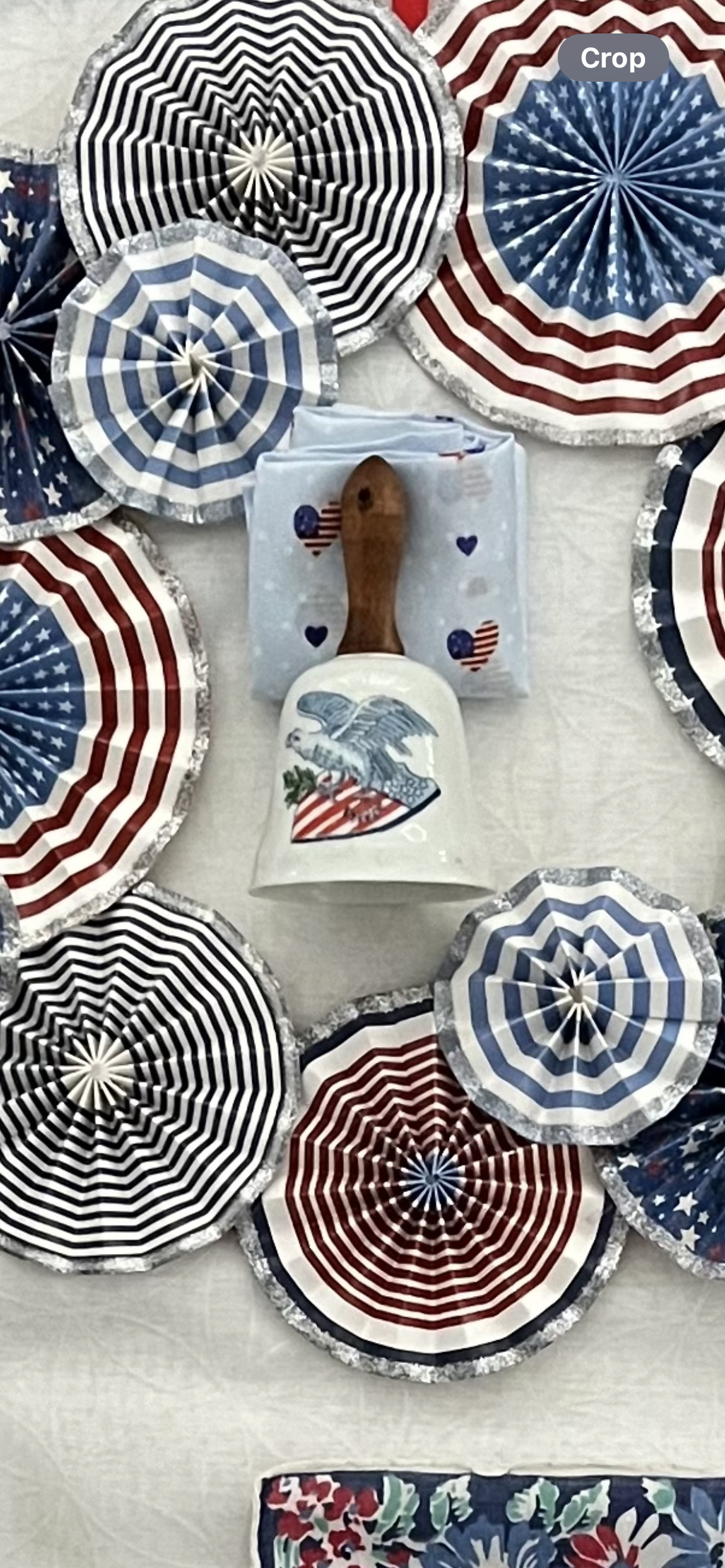 Vintage  Ceramic Liberty Bell with Wooden Handle - 5” U.S. Flag Design