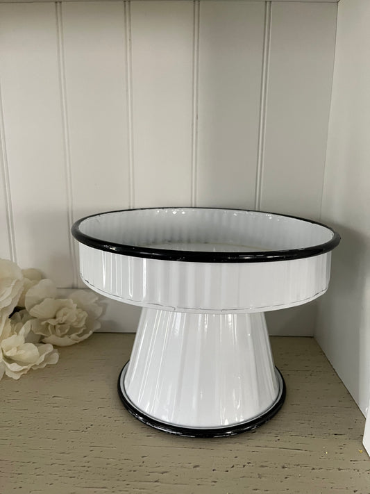 1990s–2000s Vintage Farmhouse Style White Enamel Pedestal Stand with Black Trim