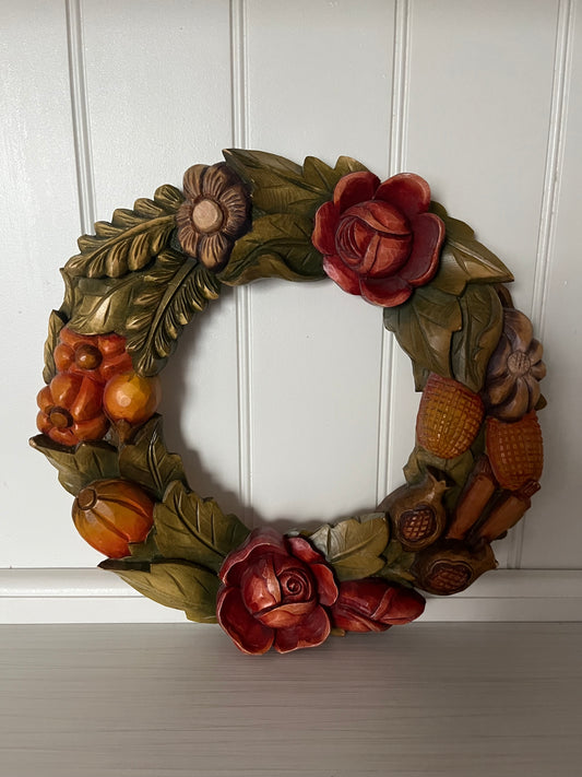 Vintage Hand-Carved Wooden Floral & Harvest Wreath – 1980s Fall Folk Art Wall Décor (12”)