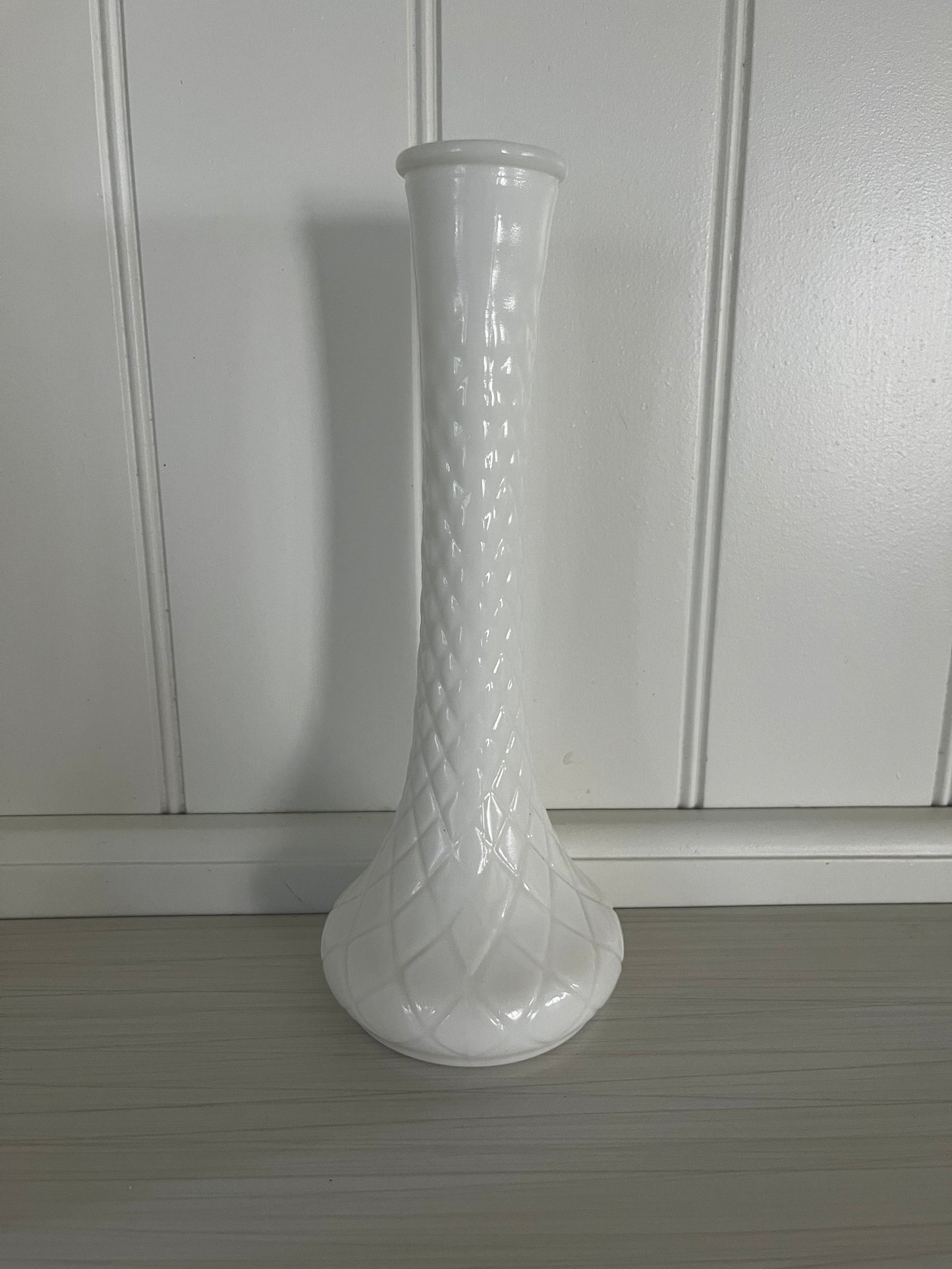 Vintage 1970s Milk Glass Bud Vase – Diamond Quilted Pattern, 9.5” Tall