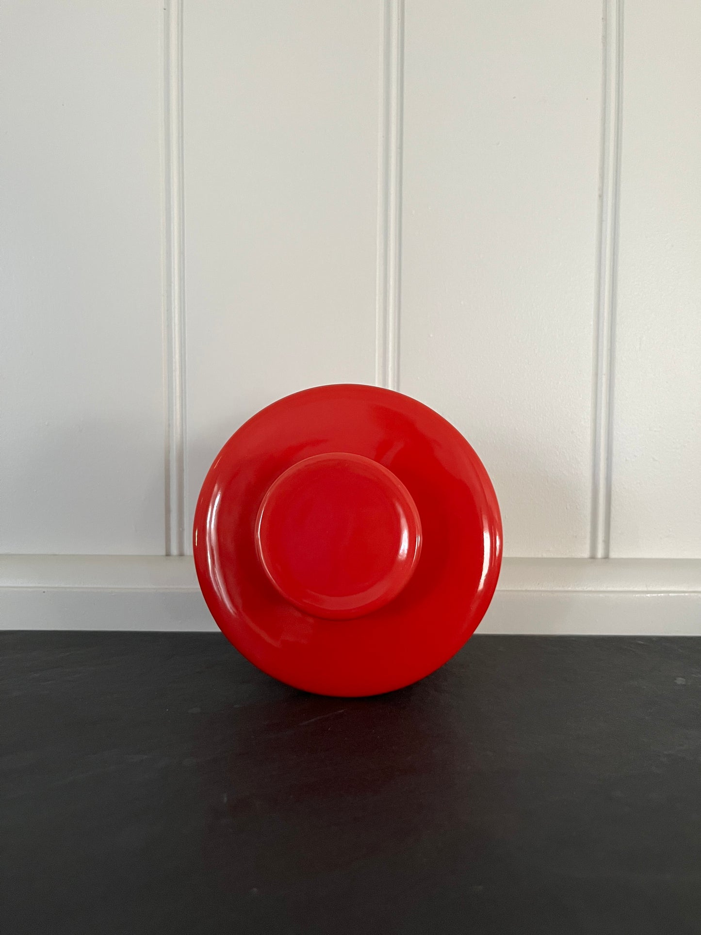 Retro  1970s Red  Pedestal Butter Crock Vessel  Scandinavian Folk Style Ceramic Bowl, No Lid