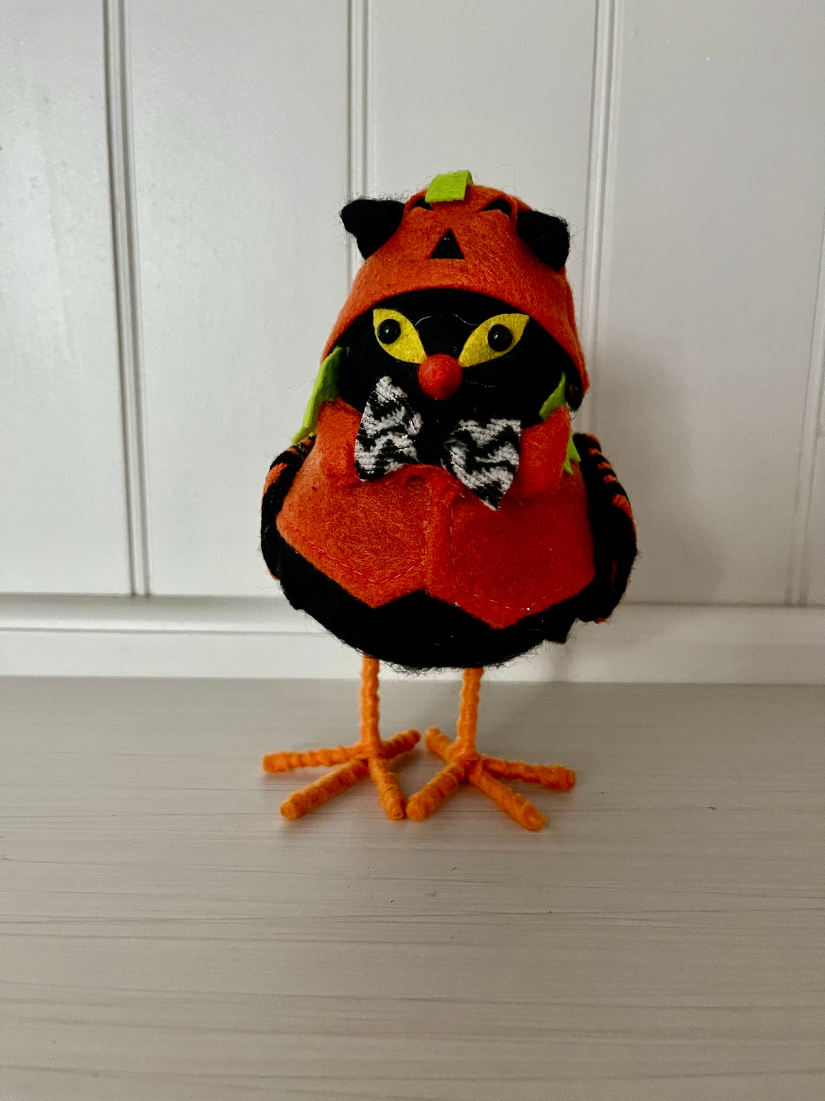 Retro Halloween Black Cat Bird Figurine in Pumpkin Costume | Felt Shelf Décor | 6”
