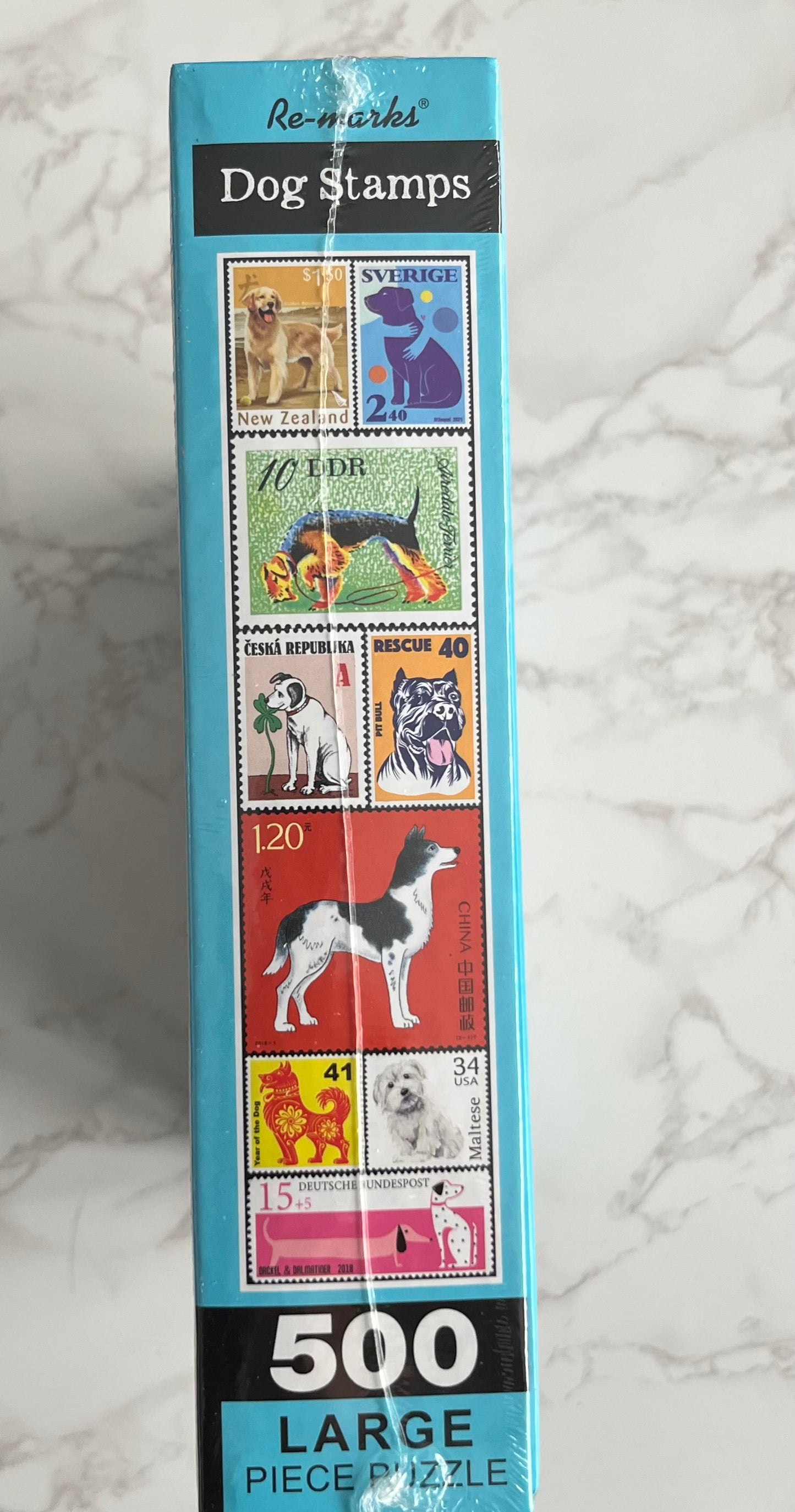 Sealed 2010s Re-marks “Dog Stamps” 500 Large Piece Puzzle — USA Made Postal Ephemera Dog Breed Collage Puzzle
