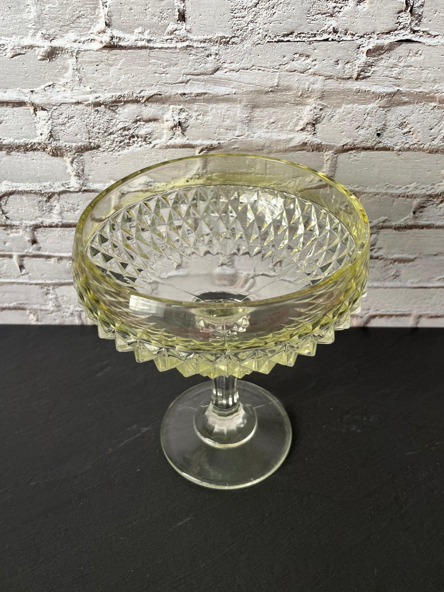 Vintage Indiana Glass Diamond Pattern Pedestal Compote Bowl – Yellow Tint Pressed Glass Dessert Dish (1960s–1970s)