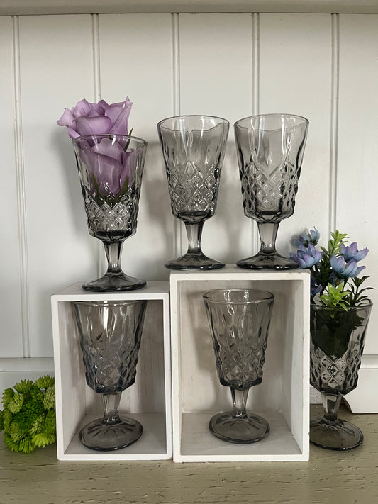 Retro Smoke-Gray Diamond-Cut Footed Goblets – Set of 6 (c. 1970s–1980s)