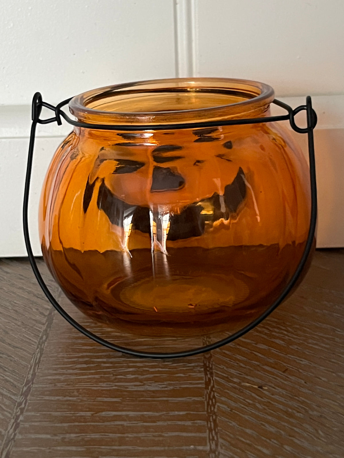 Amber Glass Jack-O’-Lantern Candle Holder | Small Halloween Pumpkin Pail, Curated Shelf & Trinket Display Décor