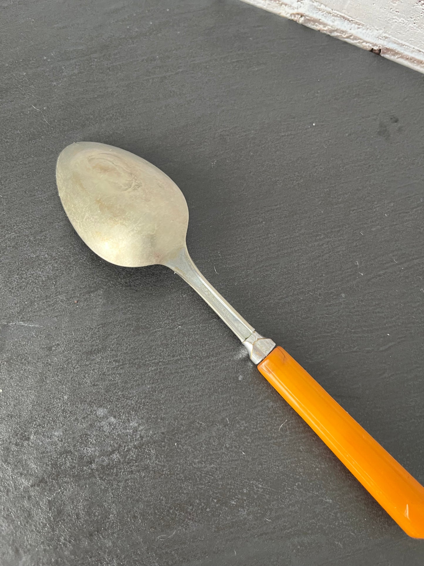 Vintage 1940’s Art Decom Butterscotch Bakelite Handle Single Spoon – NSC Perm Brite Royal Stainless Flatware