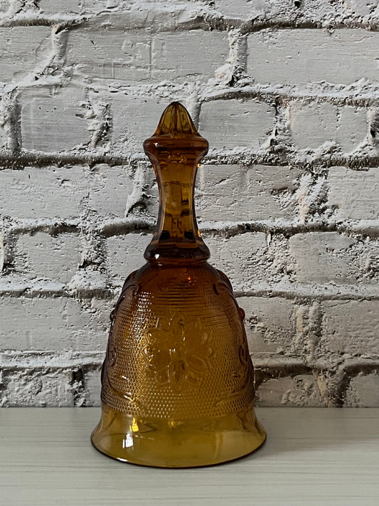 Vintage  1960s–70s Tiara Exclusives Amber Glass Bell – “Sandwich” Pattern Pressed Glass Dinner Bell (5”, 8.4 oz)