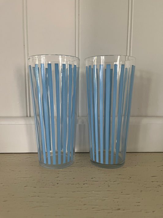 1950s–60s Aqua Blue Striped Tall Drinking Glasses – Set of 2, Mid-Century Modern Tumblers