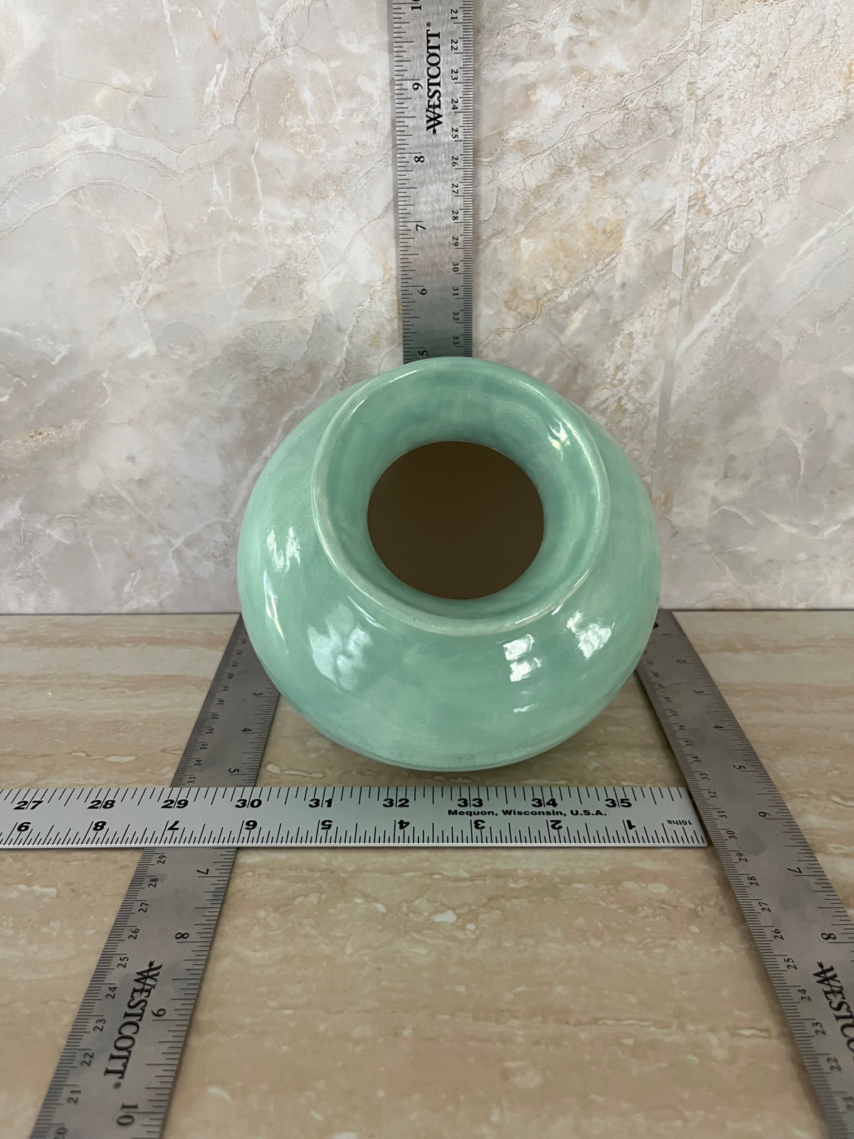 Vintage Style Chat Seafoam Green Side-Opening Ceramic Vase Pottery Pot – Sculptural Tilted Vase – 6”