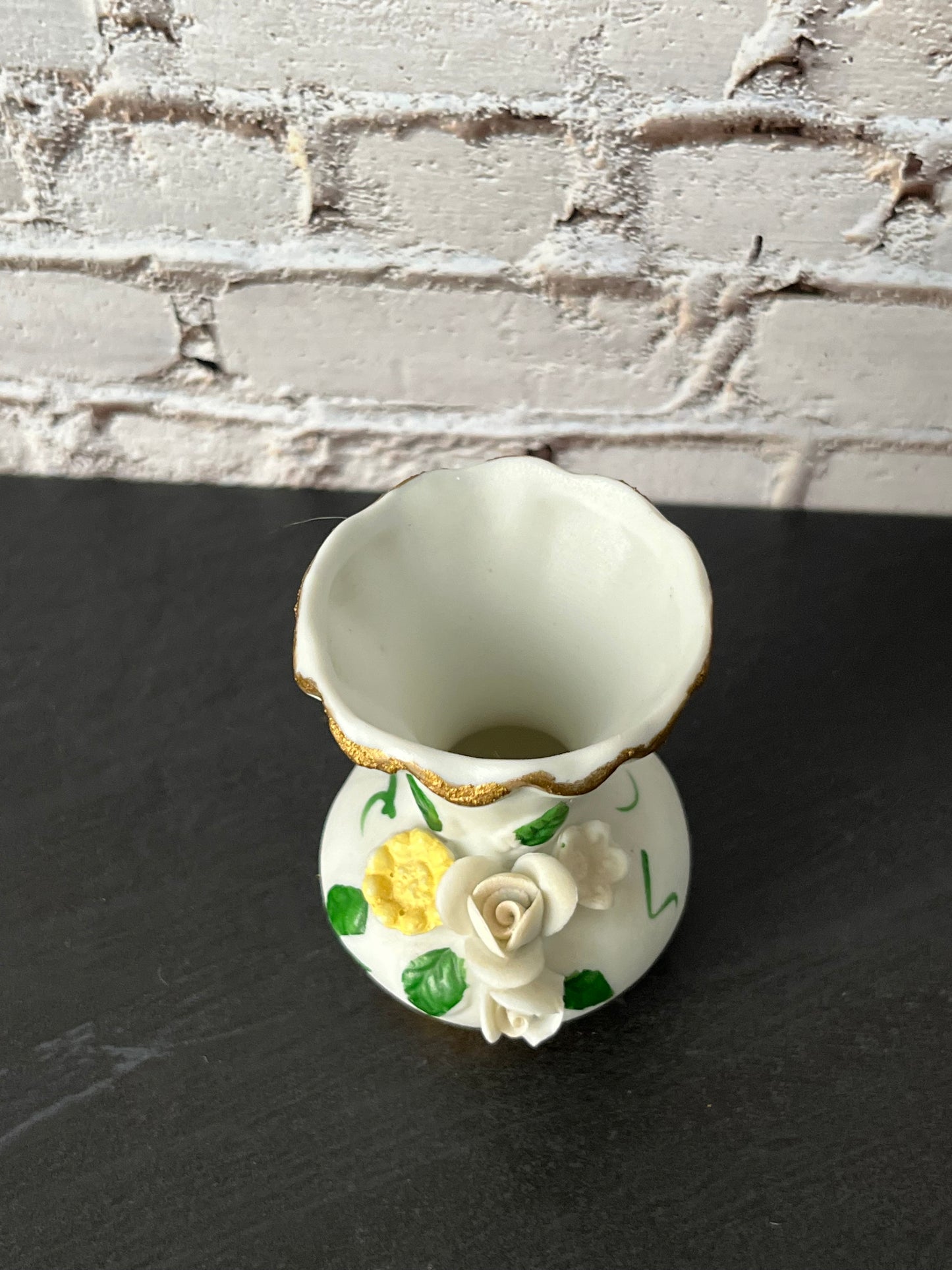 Vintage 1970s Mini Floral Vase White bisque Porcelain Bud Vase with Capodimonte style applied Roses – Made in Taiwan Gold Trim