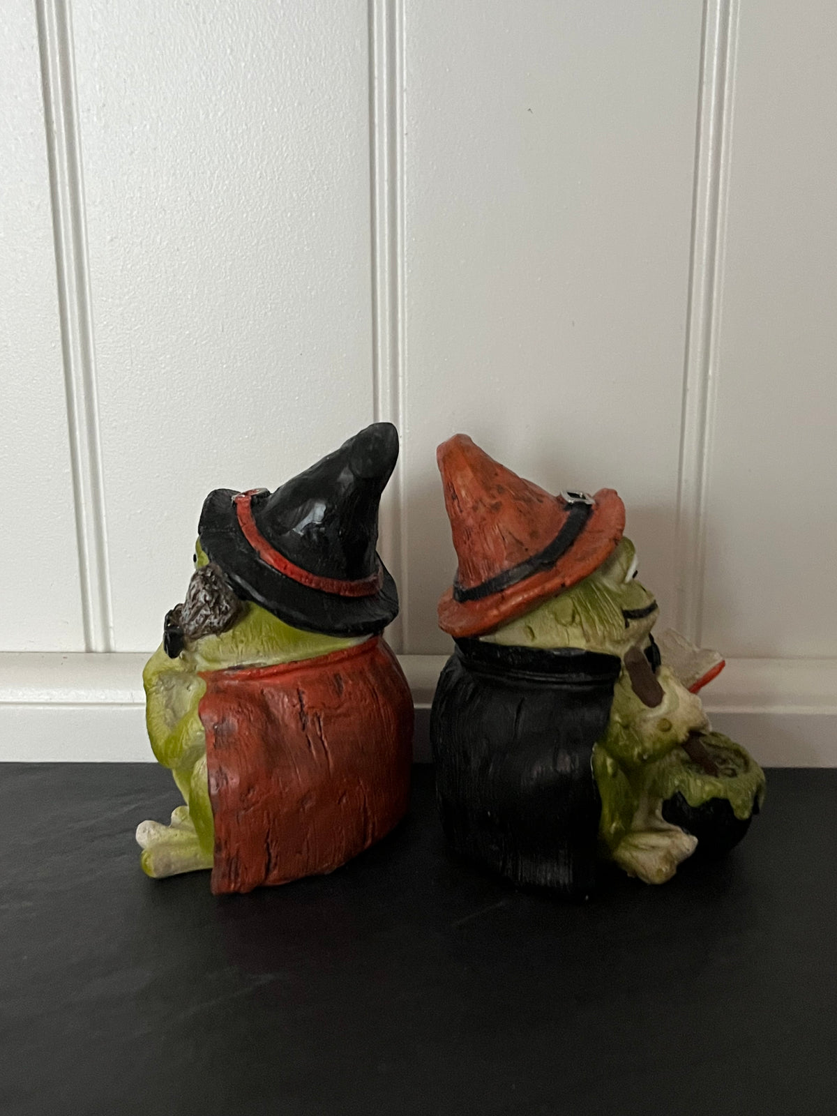 Retro circa 2010 Small Ashland Halloween Frog Witch Figurines Pair | Witch & Wizard Toads with Cauldron & Broom, Curated Shelf & Trinket Display Décor