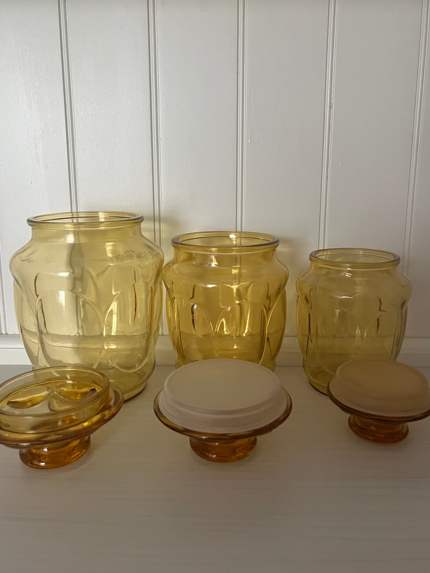Vintage Amber Glass Apothecary Canister Set (3) L.E. Smith honey amber bubble glass | 1960s–1970s