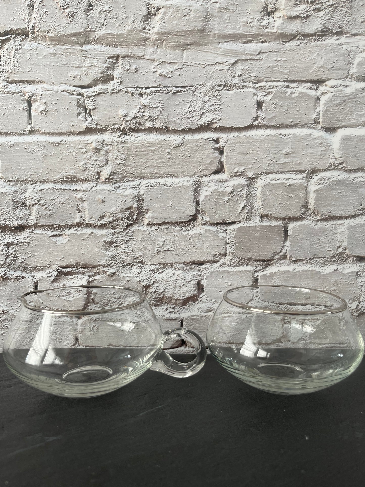 Vintage 1970s Stackable Clear Glass Creamer & Open Sugar Bowl Set with Silver Rim – Mid Century Modern Coffee Bar Serveware