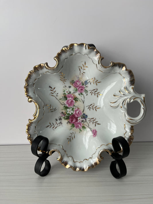 Vintage 1950s Japanese Porcelain Handled Relish Bowl – Pink Rose Floral with Gold Trim – 7.5” Decorative Serving Dish –
